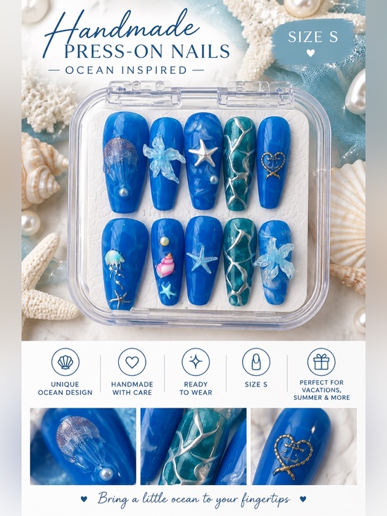 Accessories - Handmade Blue Ocean-Themed Long Press-On Nail Set - Size S